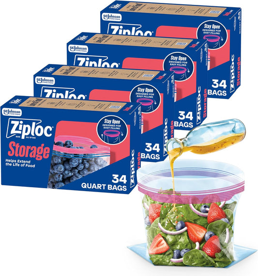 Ziploc Quart Food Storage Bags, 136 Total Bags (34 Count, 4-Pack)