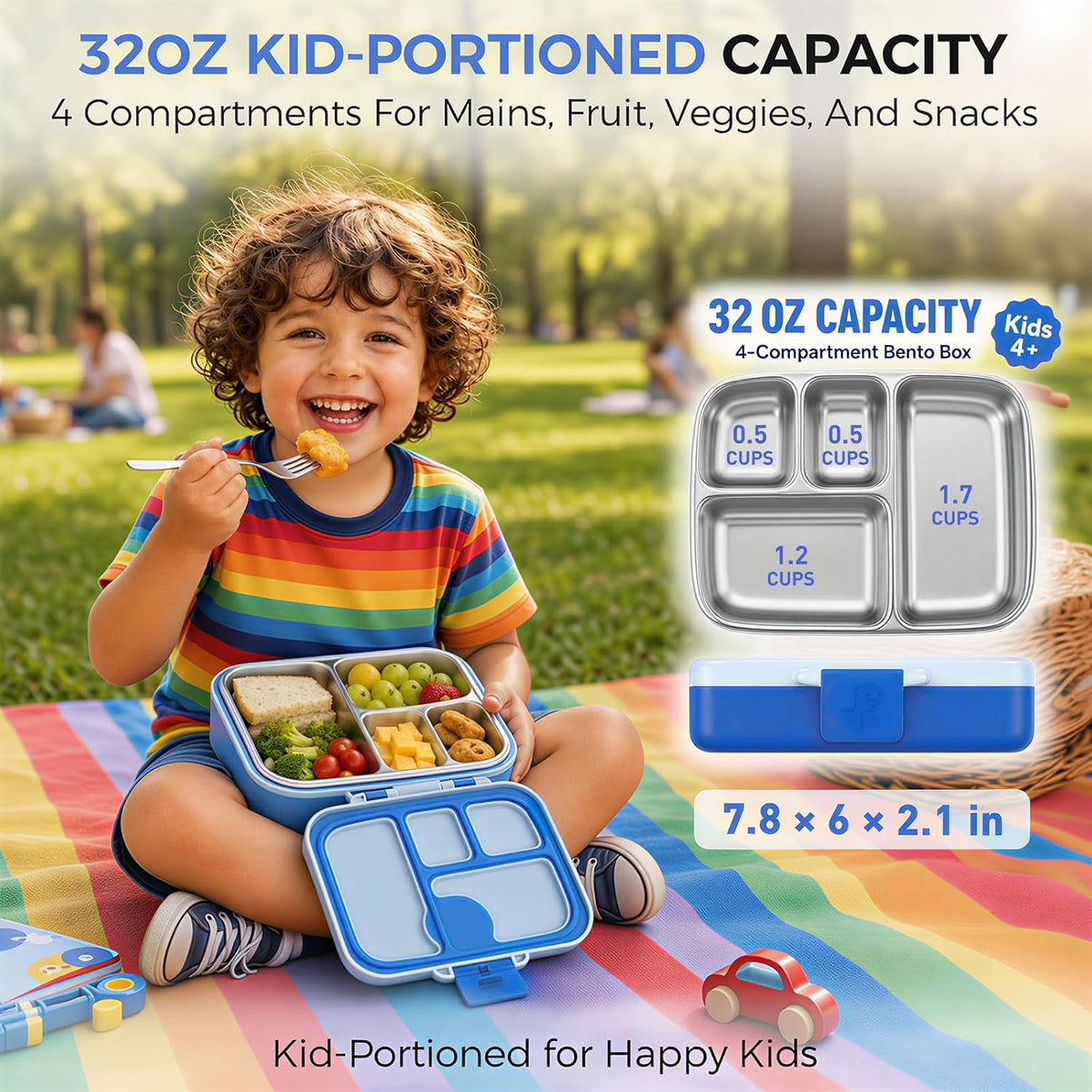 Kids Stainless Steel Bento Lunch Box, 4 Compartments