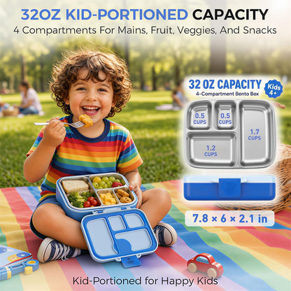 Kids Stainless Steel Bento Lunch Box, 4 Compartments