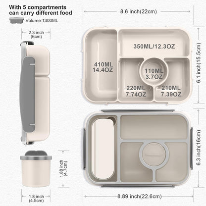 Amathley Bento Box Adult Lunch Box Kids,Lunch Containers for Adults/Kids/Toddler,5 Compartments Bento Lunch Box with Sauce Vontainers,Microwave & Dishwasher & Freezer Safe,BPA-Free (White)