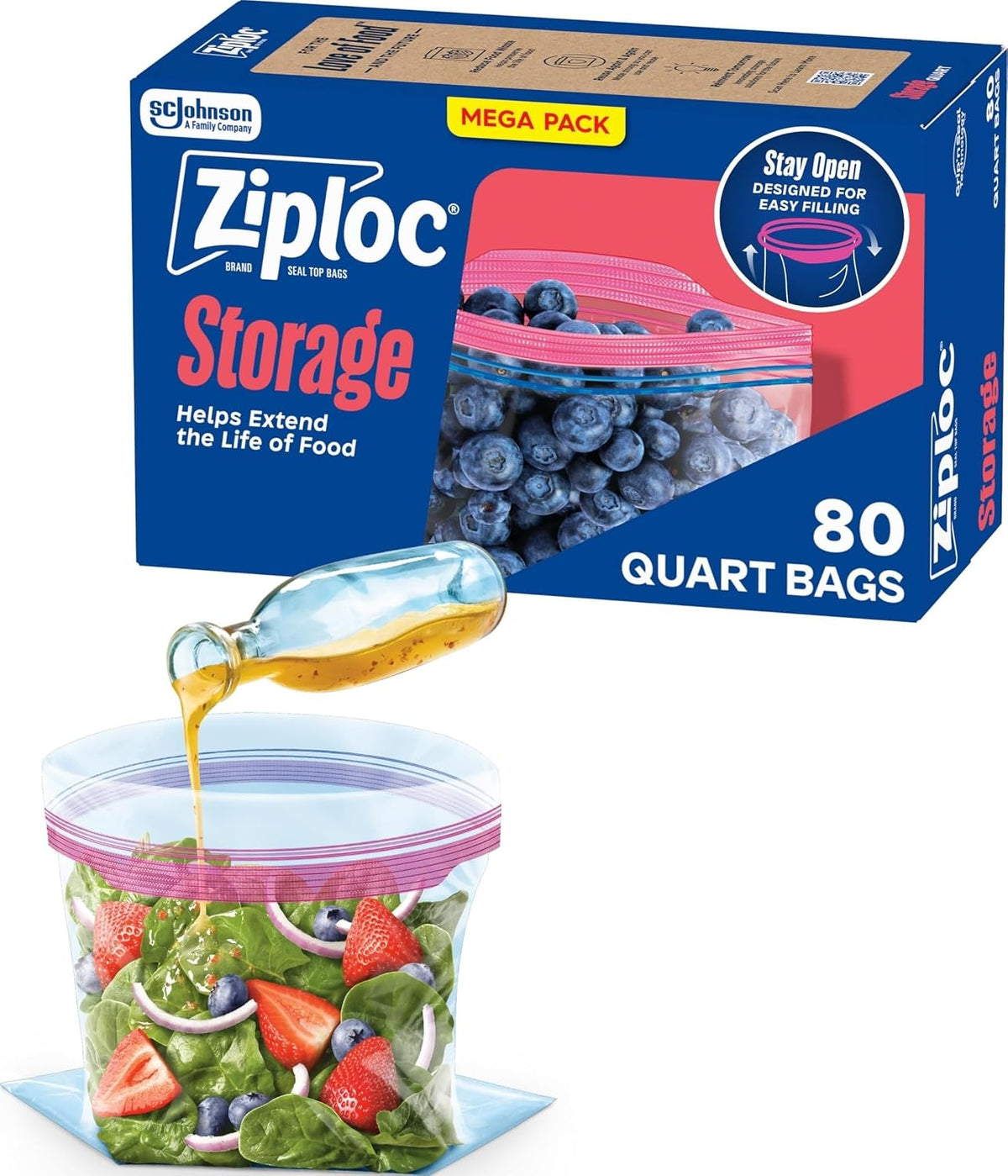Ziploc Quart Food Storage Bags, Stand-Up Bottom, 80 Count