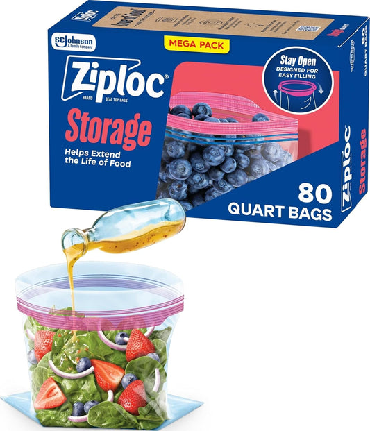 Ziploc Quart Food Storage Bags, Stand-Up Bottom, 80 Count