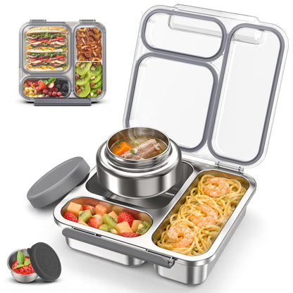 Stainless Steel Bento Box Kids Adult with 7oz Soup Thermo, Transparent Lid 3 Compartments Metal Bento Lunch Box with Insulated Food Jar,Lunch Box Container Sauce Cup for School,BPA-Free(Pink)