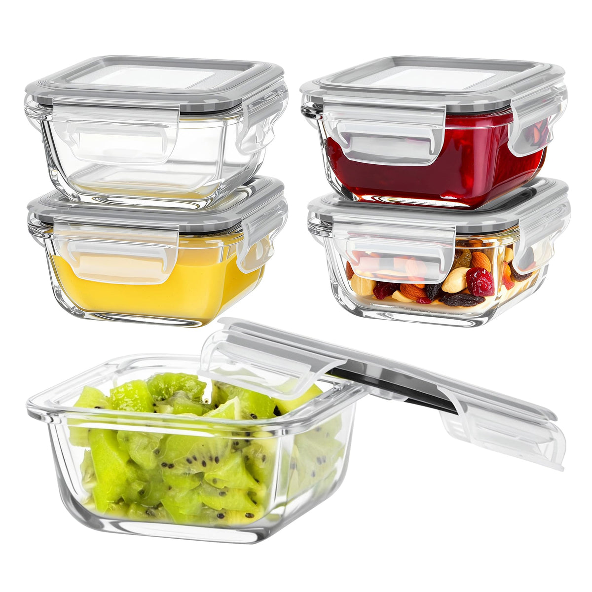 Vtopmart 5Pack 22oz Glass Storage Containers with Lids, Grey