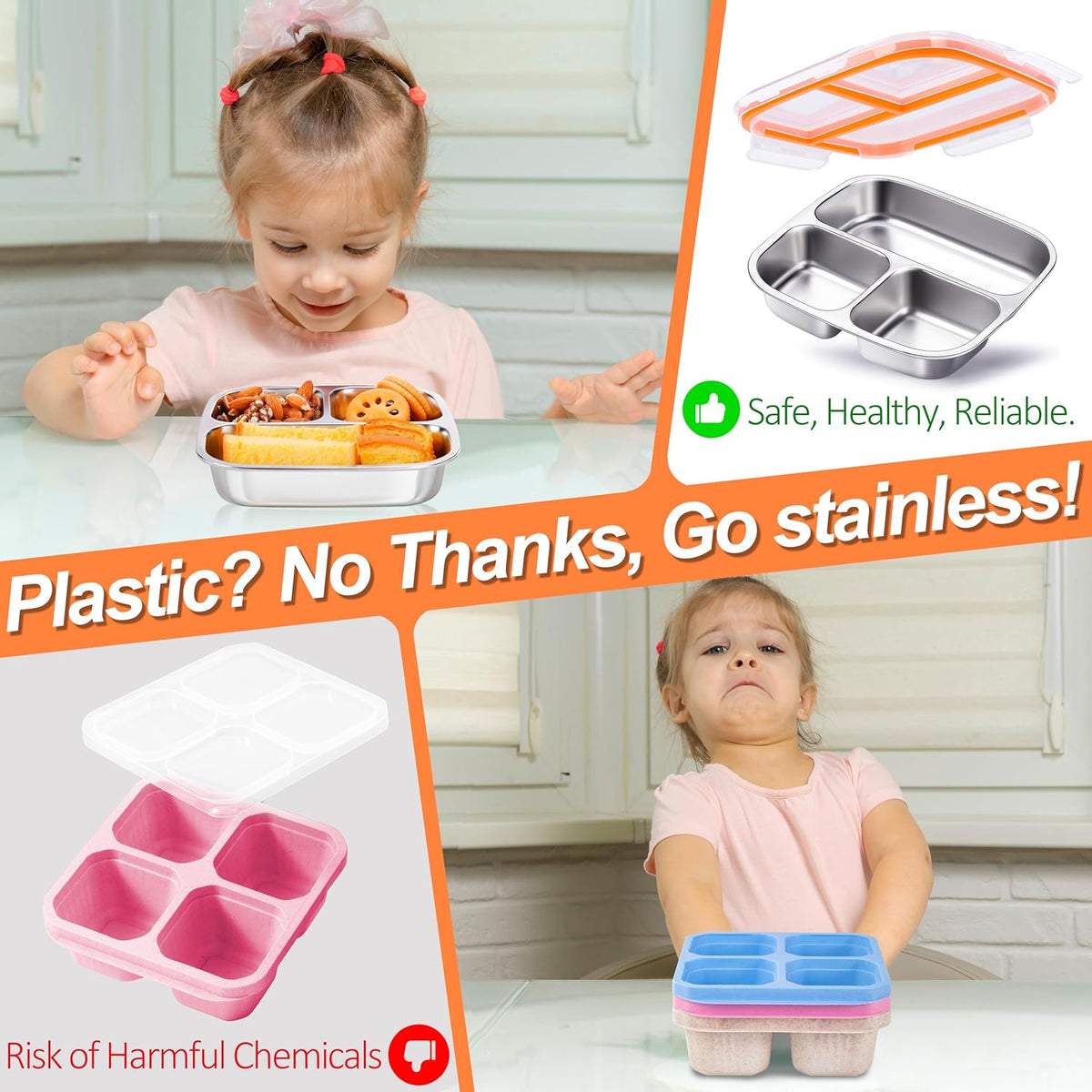 3-Pack Stainless Steel Snack Containers & Kids Lunch Boxes, 20 oz Each
