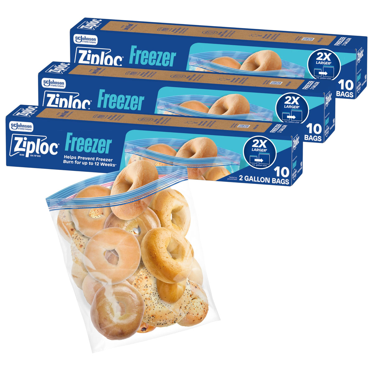 Ziploc 2 Gallon Freezer Bags, Food Storage, 30 Count (10 Count, 3-Pack)