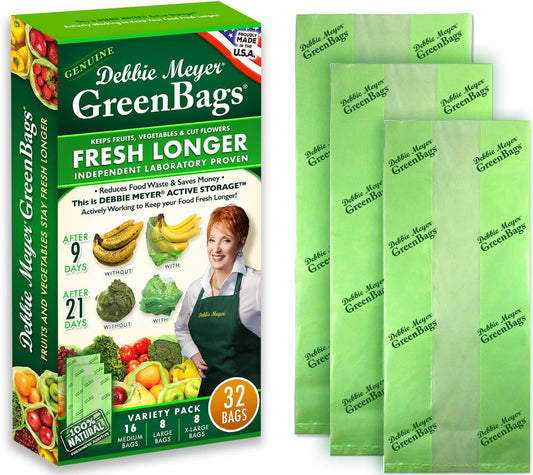 Debbie Meyer GreenBags, 32-Pack (16M, 8L, 8XL), Reusable Food Storage Bags