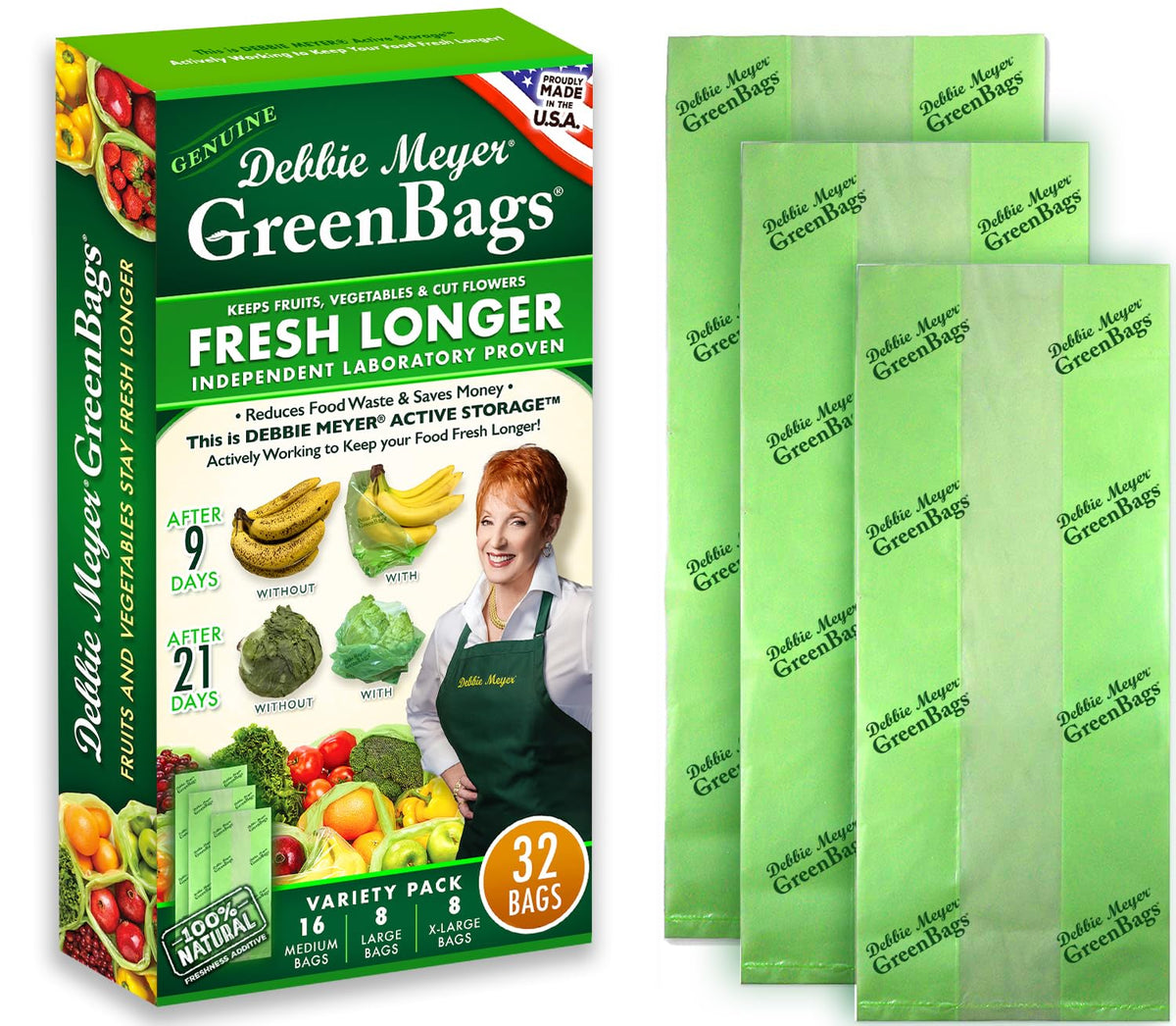Debbie Meyer GreenBags, 32-Pack (16M, 8L, 8XL), Reusable Food Storage Bags