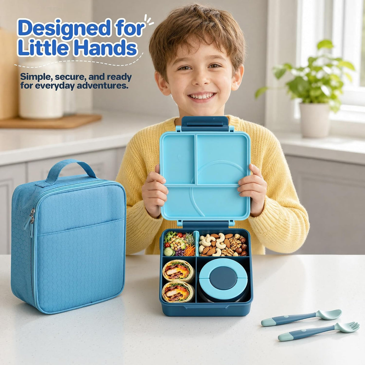 Bento Lunch Box Set for Kids with 8oz Soup Thermo, Leak-Proof Lunch Containers with 4 Compartment, Kids Thermo Hot Food Jar and Insulated Lunch Bag for Kid to School-Blue