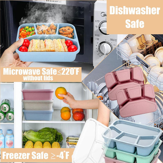 15 PCS Bento Box, 4 Compartment Bento Box Adult Set, Wheat Straw Bento Lunch Box, Reusable Lunch Snack Box, Microwave, Dishwasher and Freezer Safe Meal Prep Containers for Work, School and Travel