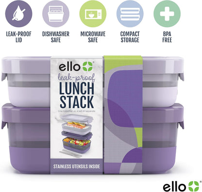 Ello Lunch Stack Bento Box Plastic Food Containers, 2 Pack, Wisteria