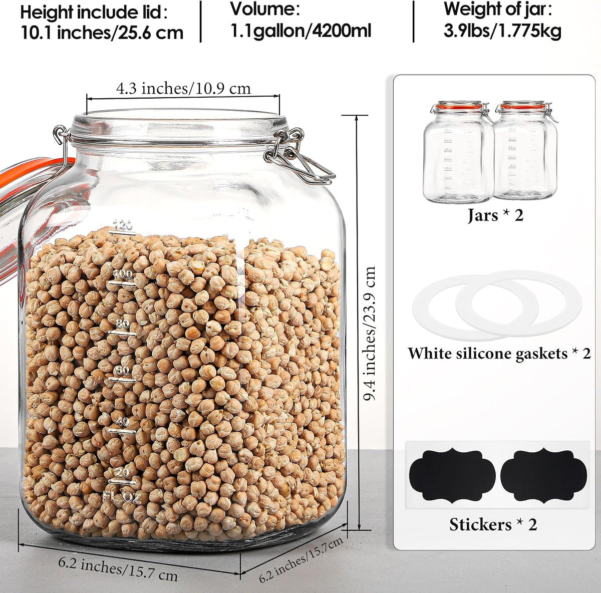Qianfenie 1.1 Gallon Wide Mouth Airtight Glass Storage Containers with Lids