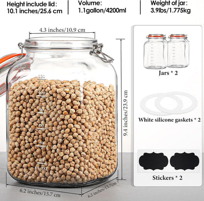 Qianfenie 1.1 Gallon Wide Mouth Airtight Glass Storage Containers with Lids
