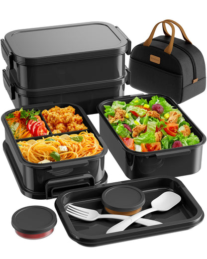 KEMETHY Adults Bento Lunch Box Set with Thermo Bag, 74oz Stackable Leak-proof 3-tiers Bento Box, Built-in Utensil and Sauce Container for Work, School, Dining Out (Green)