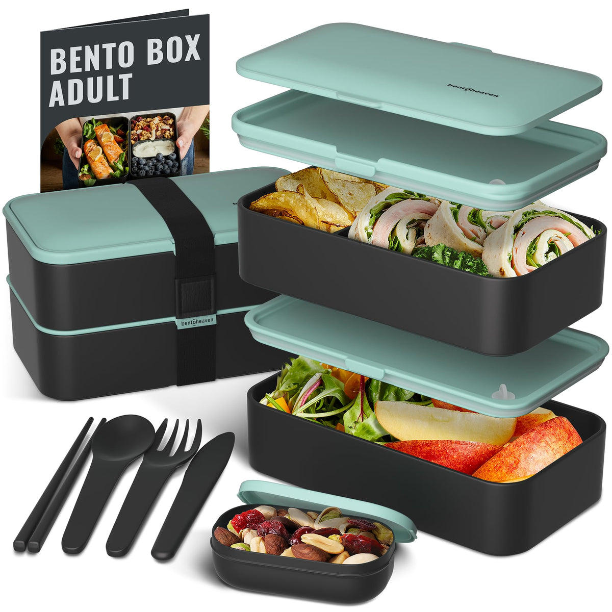 Bentoheaven Bento Box Adult, Stackable Lunch Box, 40 oz, Symph Onyx