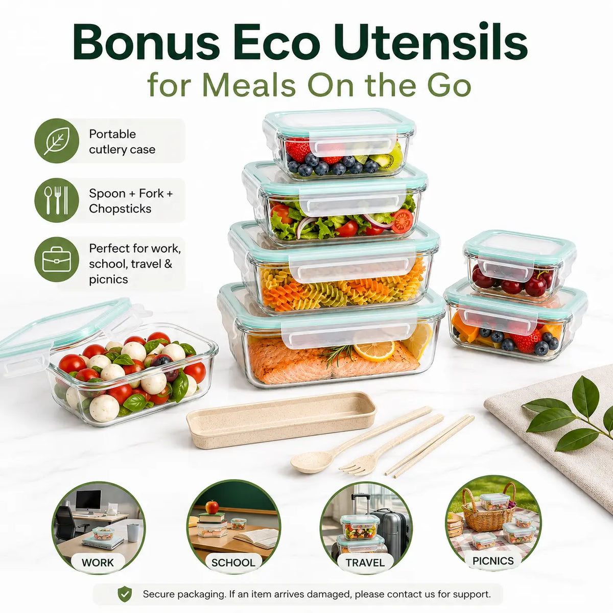 [AISOON Free Gift] 8-Pack Borosilicate Glass Food Storage Containers (8 + 1 Utensil) - Stackable, Airtight BPA-Free Kitchenware, Square Snack Box, Healthy Eating Cereal Containers, Oven-Microwave-Freezer-Dishwasher Safe