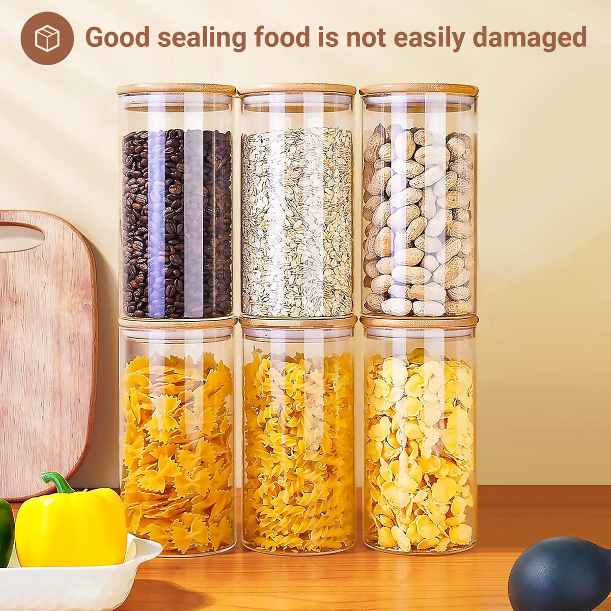6 Pcs Clear Glass Canisters with Airtight Bamboo Lids for Kitchen & Pantry