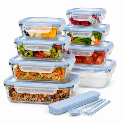 [AISOON Free Gift] 8-Pack Borosilicate Glass Food Storage Containers (8 + 1 Utensil) - Stackable, Airtight BPA-Free Kitchenware, Square Snack Box, Healthy Eating Cereal Containers, Oven-Microwave-Freezer-Dishwasher Safe