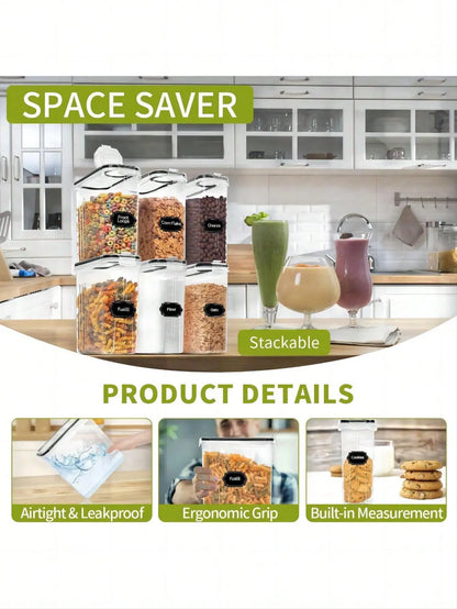 4PCS Airtight Cereal Containers Set, 4L/135.2 Oz Multi-Piece Reusable Food Storage with Leakproof Lid, Mess-Free Plastic Dispensers, Labels & Marker for Kitchen & Pantry Organization, Kitchen Accessories, Leakproof Lid Food Storage,sohochic