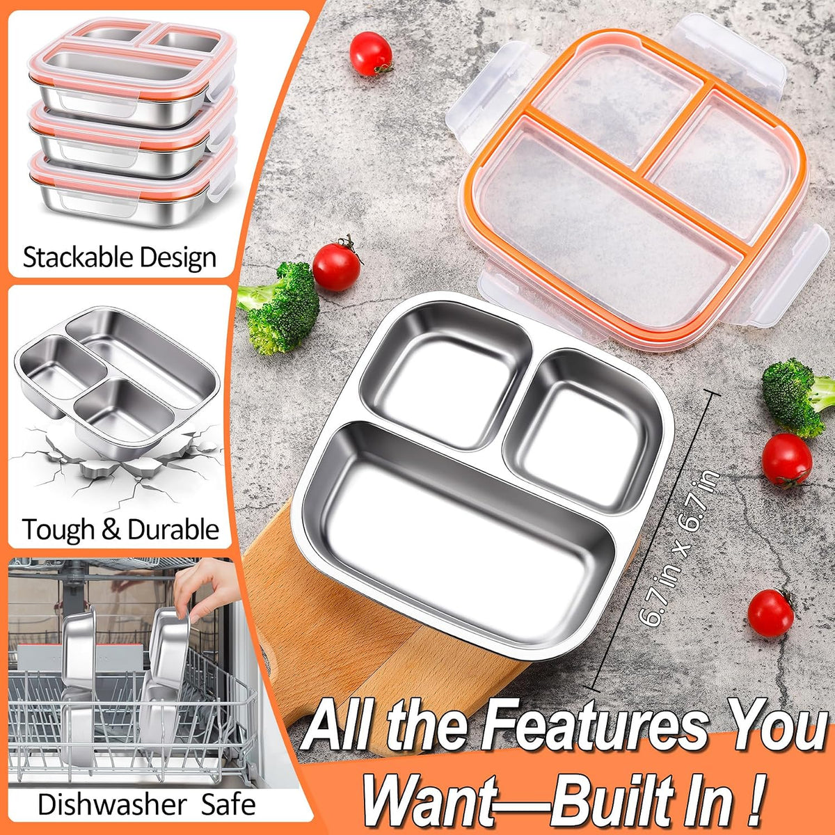 3-Pack Stainless Steel Snack Containers & Kids Lunch Boxes, 20 oz Each