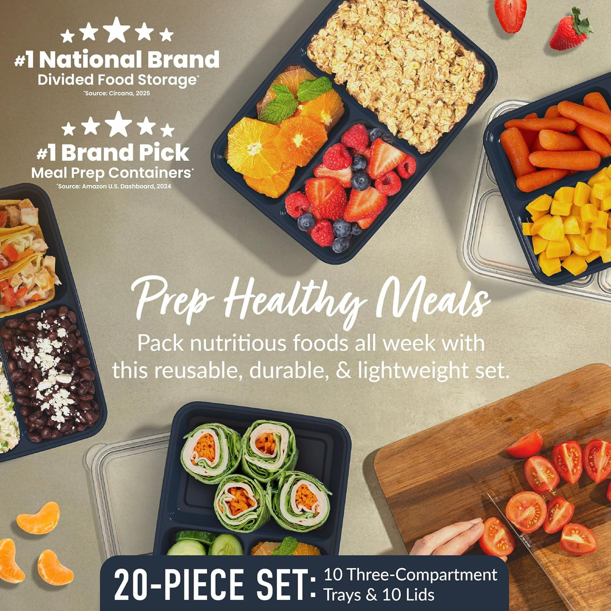 Bentgo Prep 3-Compartment Meal Prep Containers with Lids, 20 Piece Set
