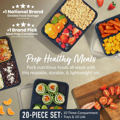 Bentgo Prep 3-Compartment Meal Prep Containers with Lids, 20 Piece Set