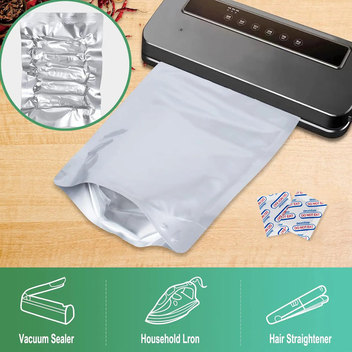 100 Mylar Food Storage Bags w/O2 Absorbers+ 144 Labels | Stand-Up Zipper for Long-Term Storage & Preppers Aluminum Containers Kitchen Utensils
