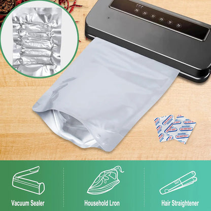 100 Mylar Food Storage Bags w/O2 Absorbers+ 144 Labels | Stand-Up Zipper for Long-Term Storage & Preppers Aluminum Containers Kitchen Utensils