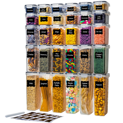 30-Pack BPA-Free Durable Plastic Airtight Food Storage Containers Set with Lids - Organized Food Storage Jars, Various Volumes (0.52L, 2.0L) Stackable for Kitchen & Pantry Organization (Fits Pasta, Utensils)