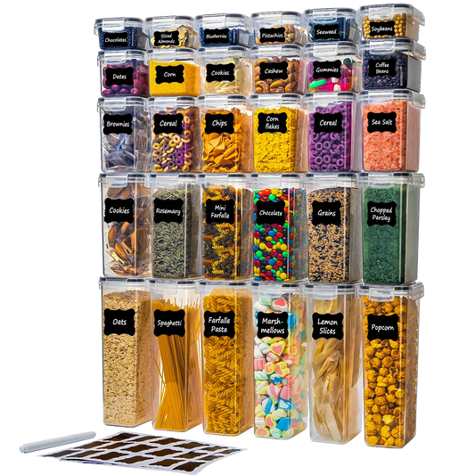 30-Pack BPA-Free Durable Plastic Airtight Food Storage Containers Set with Lids - Organized Food Storage Jars, Various Volumes (0.52L, 2.0L) Stackable for Kitchen & Pantry Organization (Fits Pasta, Utensils)