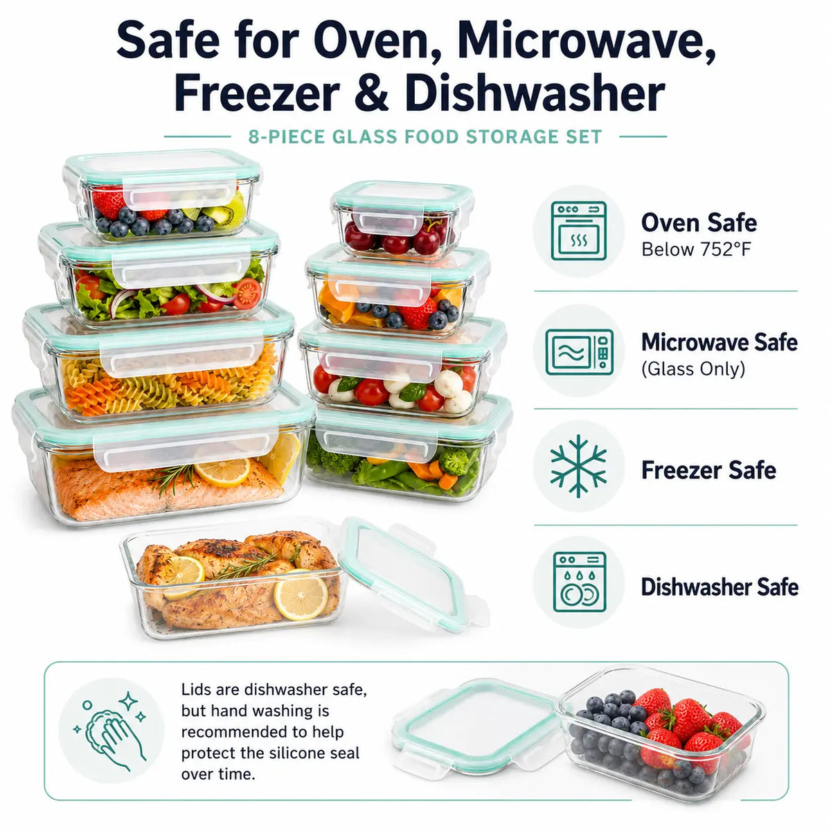 [AISOON Free Gift] 8-Pack Borosilicate Glass Food Storage Containers (8 + 1 Utensil) - Stackable, Airtight BPA-Free Kitchenware, Square Snack Box, Healthy Eating Cereal Containers, Oven-Microwave-Freezer-Dishwasher Safe