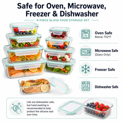 [AISOON Free Gift] 8-Pack Borosilicate Glass Food Storage Containers (8 + 1 Utensil) - Stackable, Airtight BPA-Free Kitchenware, Square Snack Box, Healthy Eating Cereal Containers, Oven-Microwave-Freezer-Dishwasher Safe