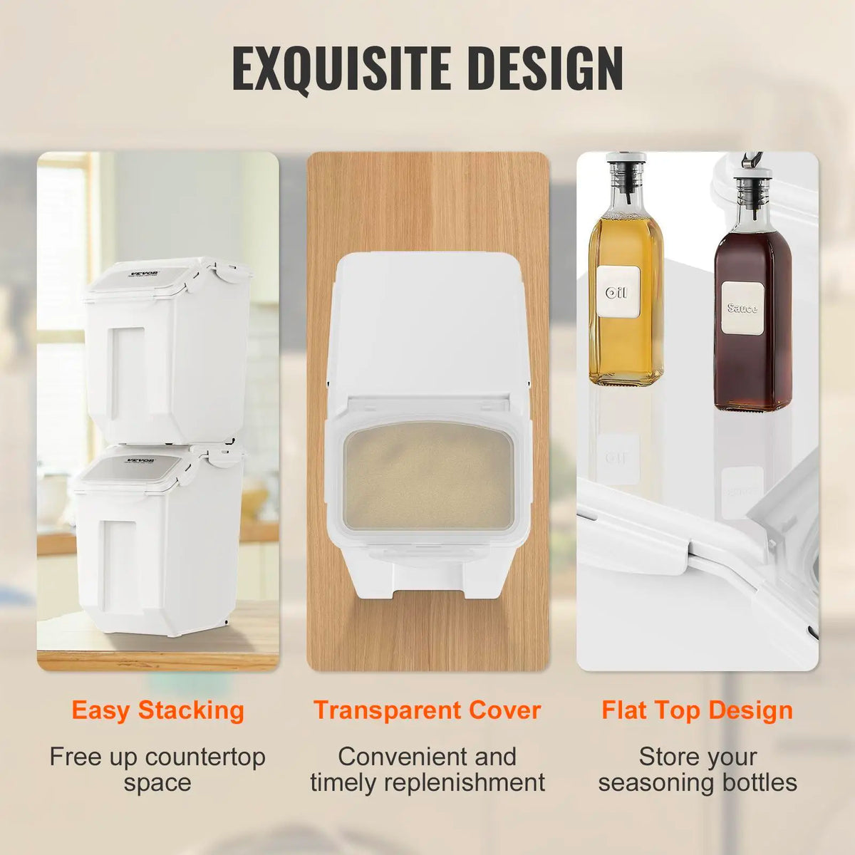 【Back to School】VEVOR Heavy Duty Stackable Plastic Food Storage Container, 15L-50L Dispenser Bin with Measuring Cups, Attachable Casters, Airtight Leakproof Lid, PP Material for Dog Pet Food, Kitchen Rice Cereal Flour, Heavy Duty Containers, Food Containe