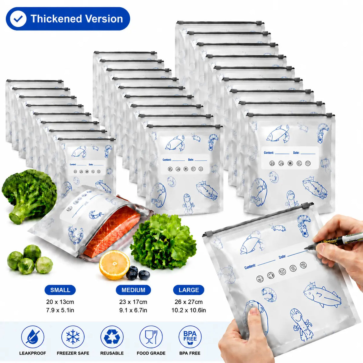 60 PCS 3 Size Reusable Preservation Bags, Airtight Vacuum Sealer Food Storage Bags, Leak Proof Freezer Safe, Stand Up Foil Sealable Pouches for Meal Prep, Pantry Organization, Travel Snacks