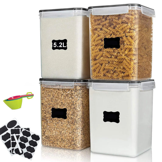 4 PCS Large Can-Shaped Food Storage Container Set, 5.2L/175oz Airtight Plastic Kitchen Canisters for Flour, Rice, Home Kitchen Baking Supplies, with Lids, 4 Measuring Cups & Labels, Black,sohochic