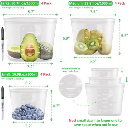 100% Platinum Silicone Reusable Storage Bags for Pet Supplies & Kitchen, 12-Pack Flexible Wide-Mouth Zip-Lock Containers, Stand-Up, Freezer-Microwave-Oven-Dishwasher Safe, 4M+4S+4XS, Crystal-Clear (Kids-Friendly)