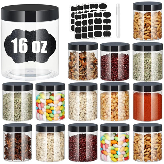 16PCS Plastic Jars with Lids, 16 oz Plastic Containers with Lids Clear Airtight Container Storage Jar Mason Jars for Dry Food Peanut Butter Honey Jam Cosmetics