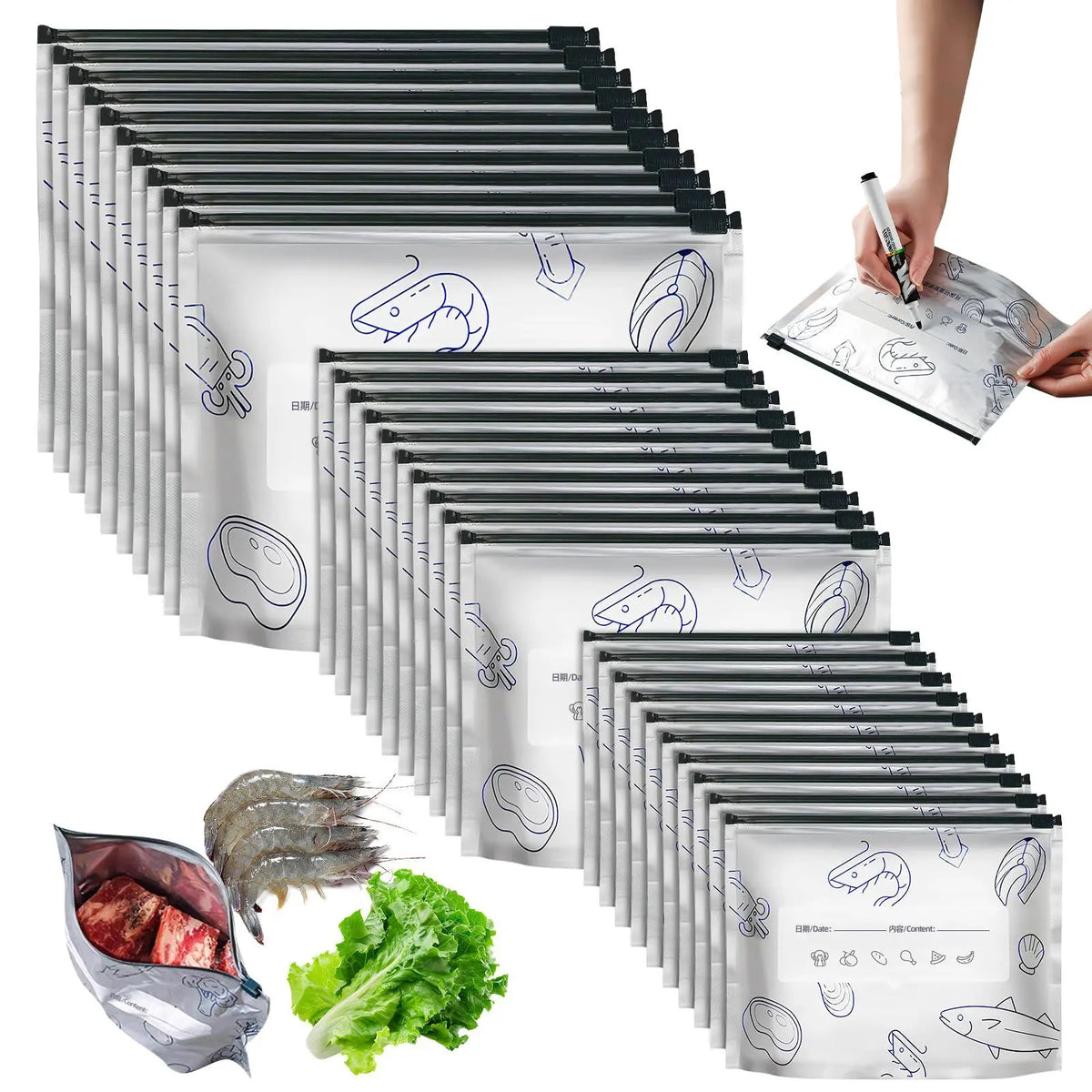 30 PCS Thick Reusable Aluminium Foil Zipper Bags - 3 Sizes, Insulated, Airtight Self-Sealing, Freezer-Safe, Waterproof, Stand-Up Increased Capacity Food Storage Bags for Kitchen Supplies, Meat