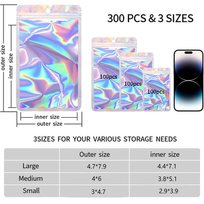 Black Mylar Holographic Aluminium Foil Bags, 300-Pack 3-Sizes Compact Zippered Leakproof Moisture Guard Odor-Proof Storage Bags for Food Storage & Sample Organizing