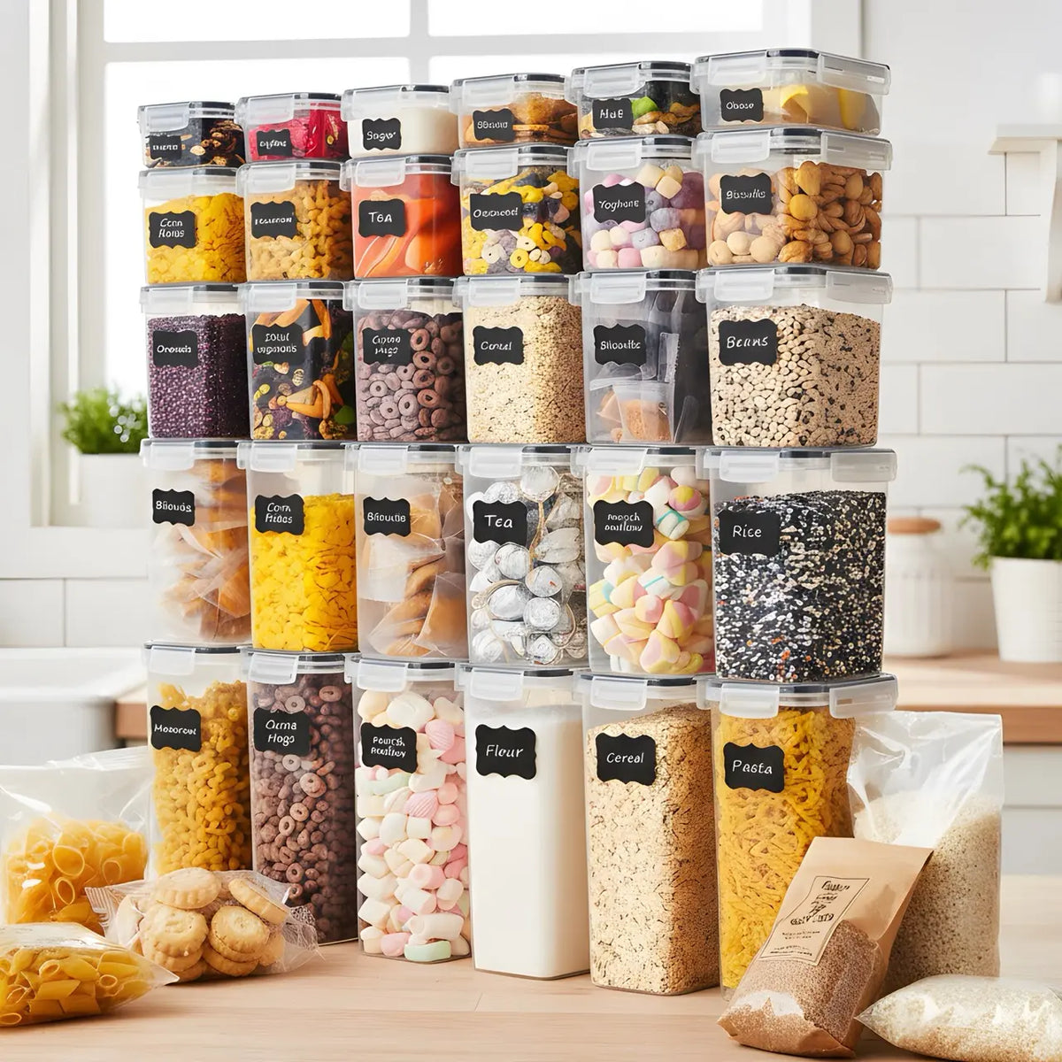 60/30/14 Pcs Clear Plastic Pantry Storage Containers Set, 30/15/7Jar+30/15/7Lids Airtight BPA Free Food Organization Set, Multi-Size Meal Prep Containers for Cereal, Rice, Pasta & Snacks