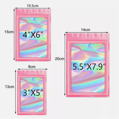 SJPACK 100-Pack Multipack Storage Bags, 8x13cm/10x15cm/14x20cm Smell-Proof Water-Proof Holographic Resealable Zip Foil Pouches, Reusable White/Black/Pink Aluminium Organiser Accessory (Reseal with Ease)
