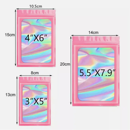 SJPACK 100-Pack Multipack Storage Bags, 8x13cm/10x15cm/14x20cm Smell-Proof Water-Proof Holographic Resealable Zip Foil Pouches, Reusable White/Black/Pink Aluminium Organiser Accessory (Reseal with Ease)