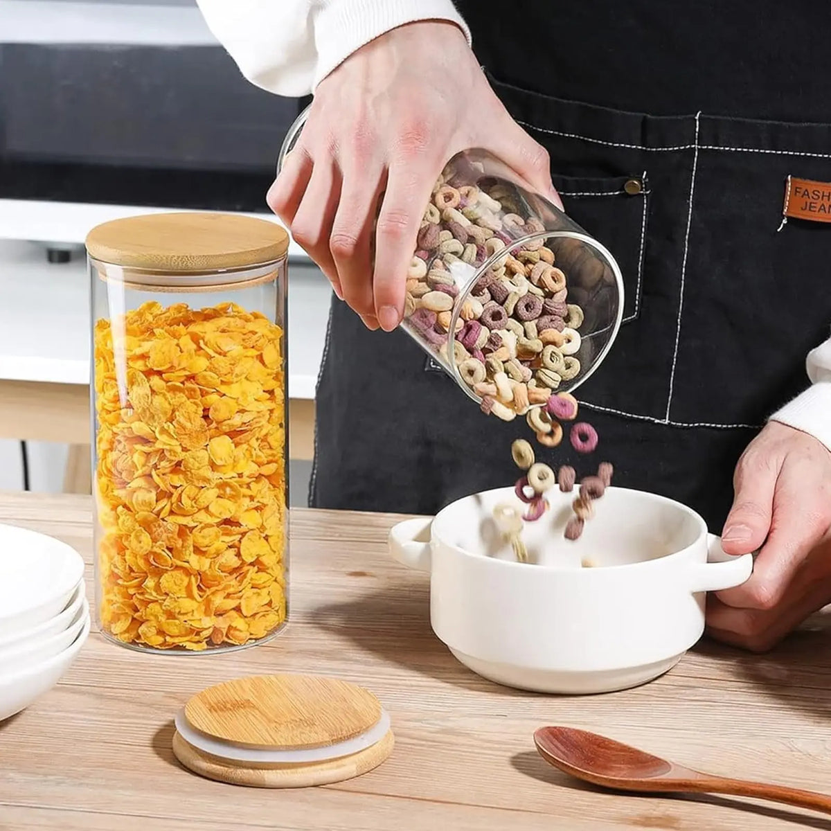 6 Pcs Clear Glass Canisters with Airtight Bamboo Lids for Kitchen & Pantry