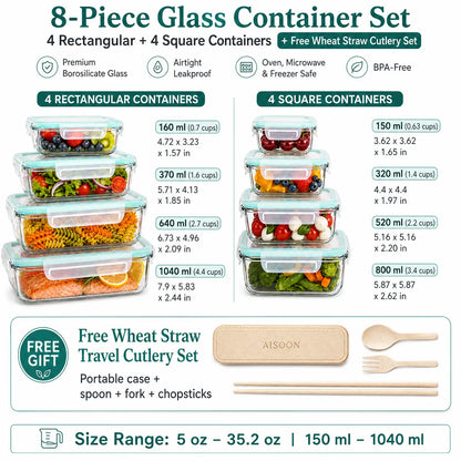 [AISOON Free Gift] 8-Pack Borosilicate Glass Food Storage Containers (8 + 1 Utensil) - Stackable, Airtight BPA-Free Kitchenware, Square Snack Box, Healthy Eating Cereal Containers, Oven-Microwave-Freezer-Dishwasher Safe