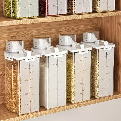 GHQ 4-Pc 2.5L Airtight Seal Rice Dispenser Storage Containers with Measuring Cup & Pour Spout, Plastic Body Kitchen Utensils for Food Preservation Solutions, Kitchen Pantry Cereal Grain Flour Storage,sohochic