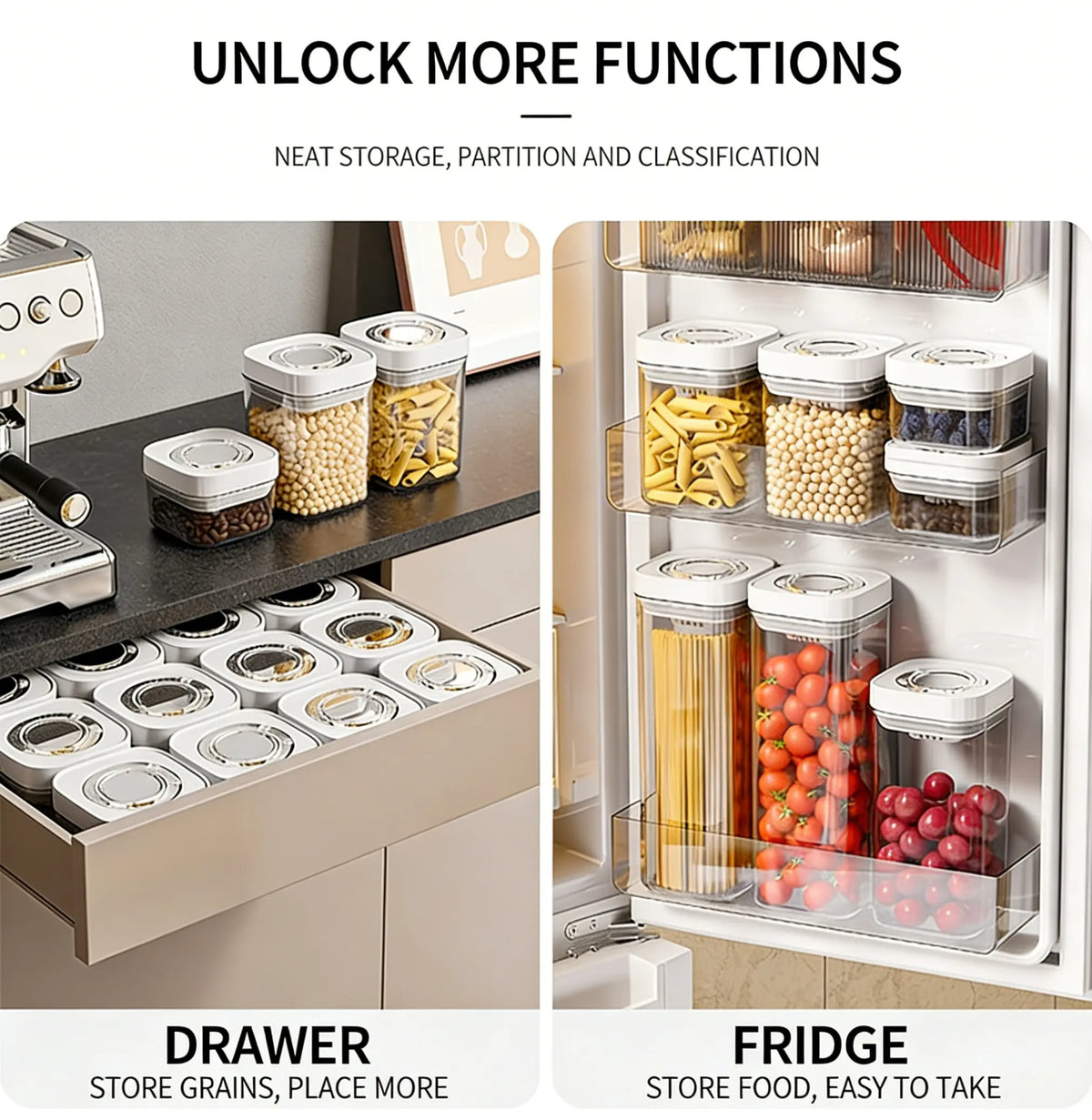 UFORU Wall-Fit Square Plastic Kitchen Container Set - Sealable Dry Food Canisters with Rotating Seal Lids, Wide-Open Pour Pantry Organizers for Pantry Organization, Fits Tight Spaces, Keeps Contents Fresh