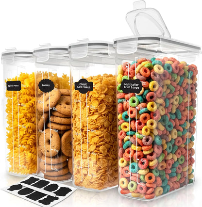 4PCS Airtight Cereal Containers Set, 4L/135.2 Oz Multi-Piece Reusable Food Storage with Leakproof Lid, Mess-Free Plastic Dispensers, Labels & Marker for Kitchen & Pantry Organization, Kitchen Accessories, Leakproof Lid Food Storage,sohochic