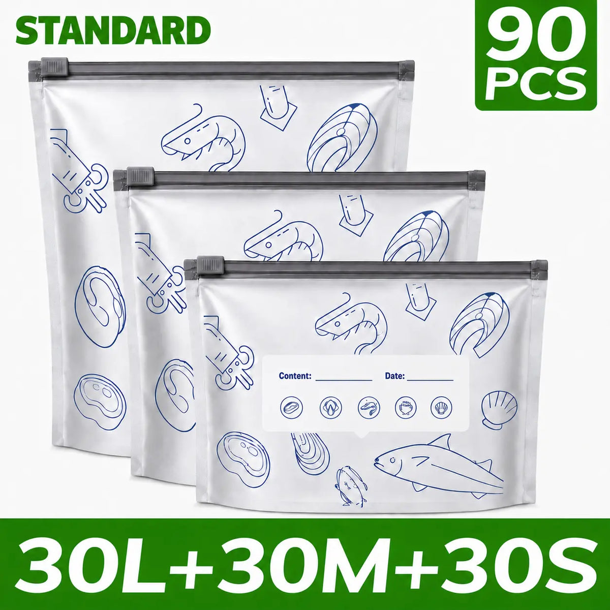 90PCS 3 Size Reusable Aluminum Foil Sealable StorageBags 2026 New Resealable Vacuum Zipper Pouches forFood Stand Up Foil Sealable Bags with Label and Zip Lockfor Vegetable Fruit Meat