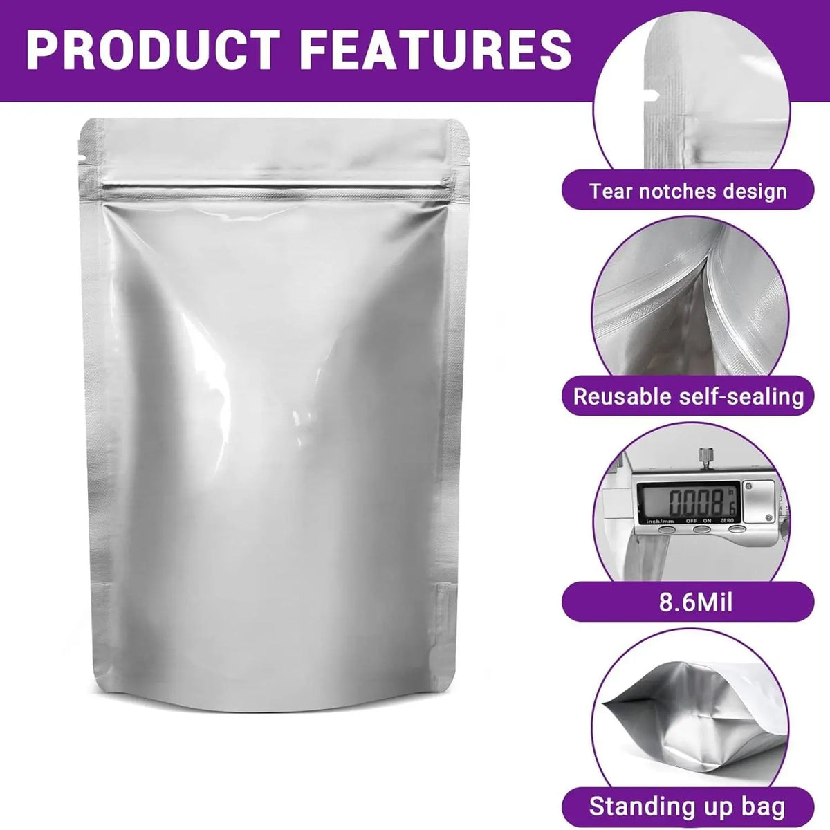 100-Pcs Multi-Size Thick Mylar Film Food Storage Bags Set - 6/8/10 Mil Resealable Zip Lock, Heat-Seal Upright, Dual Seal Reusable Containers, 1 qt, for Pantry Organizing, Kitchen Meal Prepping, Camping, Tear-Resistant Dry Goods