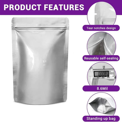 100-Pcs Multi-Size Thick Mylar Film Food Storage Bags Set - 6/8/10 Mil Resealable Zip Lock, Heat-Seal Upright, Dual Seal Reusable Containers, 1 qt, for Pantry Organizing, Kitchen Meal Prepping, Camping, Tear-Resistant Dry Goods